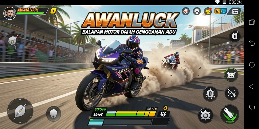 Screenshot ini menampilkan aksi balapan seru di AWANLUCK.