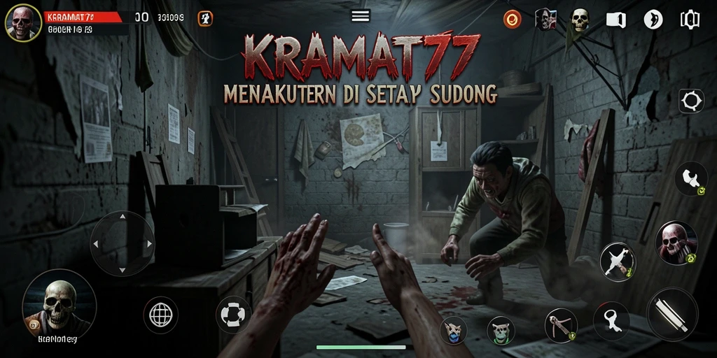 Screenshot gameplay KRAMAT77 menampilkan atmosfer horor yang mencekam.