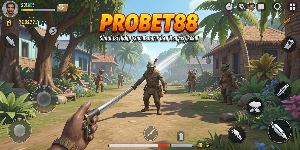Screenshot gameplay PROBET88 menampilkan karakter yang berinteraksi dalam lingkungan simulasi.