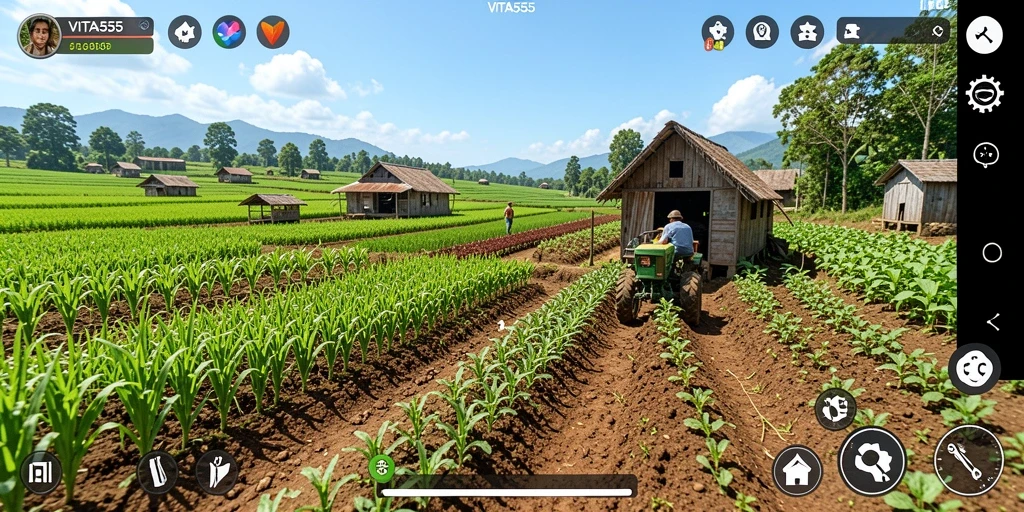 Skrinsut utama VITA555 menampilkan ladang yang subur dan hewan ternak.